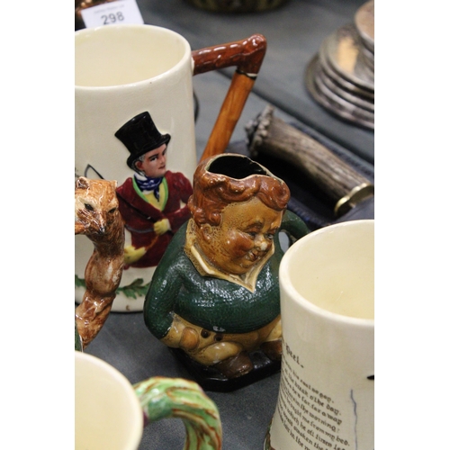 297 - A COLLECTION OF 6 JUGS/TOBY JUGS TO INCLUDE A CROWN DEVON MUSICAL TANKARD AND HUNTING STYLE