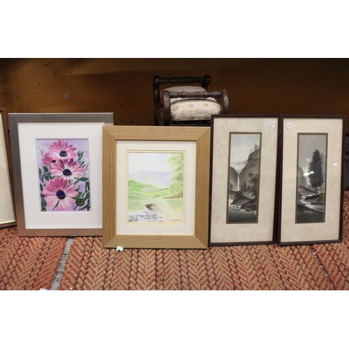 365 - TWO FRAMED AND MOUNTED WATERCOLOURS TO INCLUDE A FLORAL SCENE TOGETHER COUNTRYSIDE SCENE