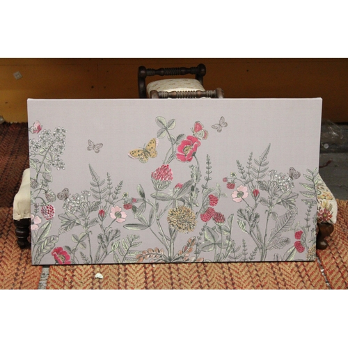 366 - A EMBROIDERED CANVAS OF WILD FLOWERS AND BUTTERFLIES TOGETHER WITH A METAL 