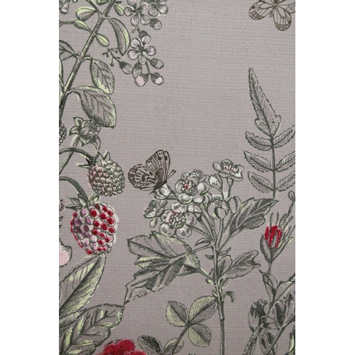 366 - A EMBROIDERED CANVAS OF WILD FLOWERS AND BUTTERFLIES TOGETHER WITH A METAL 