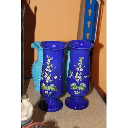 373 - TWO BLUE OPALINE MILK GLASS VASES TOGETHER WITH TWO FURTHER DECORATIVE COBALT BLUE AND FLORAL GLASS ... 