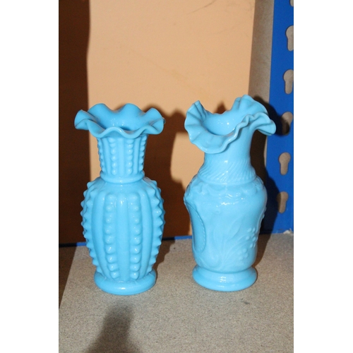 373 - TWO BLUE OPALINE MILK GLASS VASES TOGETHER WITH TWO FURTHER DECORATIVE COBALT BLUE AND FLORAL GLASS ... 