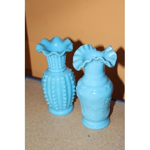 373 - TWO BLUE OPALINE MILK GLASS VASES TOGETHER WITH TWO FURTHER DECORATIVE COBALT BLUE AND FLORAL GLASS ... 