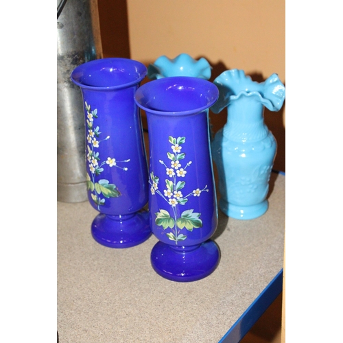 373 - TWO BLUE OPALINE MILK GLASS VASES TOGETHER WITH TWO FURTHER DECORATIVE COBALT BLUE AND FLORAL GLASS ... 