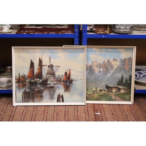 406 - A PAIR OF FRAMED PRINTS TO INCLUDE ALPS SCENE TOGETHER WITH SAIL BOATS AND WINDMILL SCENE