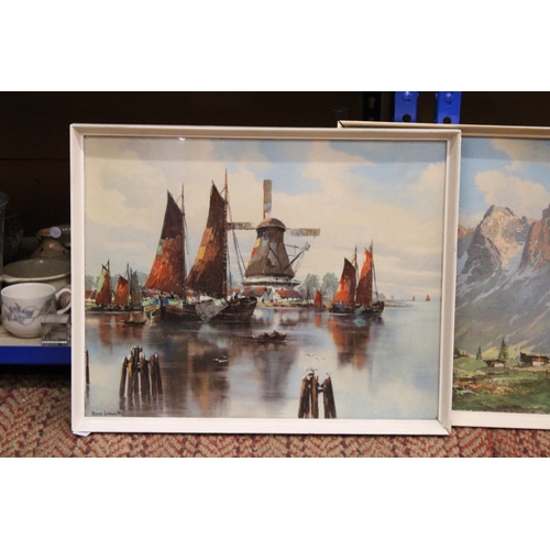 406 - A PAIR OF FRAMED PRINTS TO INCLUDE ALPS SCENE TOGETHER WITH SAIL BOATS AND WINDMILL SCENE