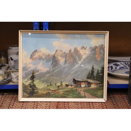 406 - A PAIR OF FRAMED PRINTS TO INCLUDE ALPS SCENE TOGETHER WITH SAIL BOATS AND WINDMILL SCENE