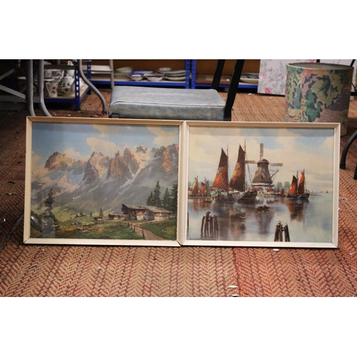 406 - A PAIR OF FRAMED PRINTS TO INCLUDE ALPS SCENE TOGETHER WITH SAIL BOATS AND WINDMILL SCENE