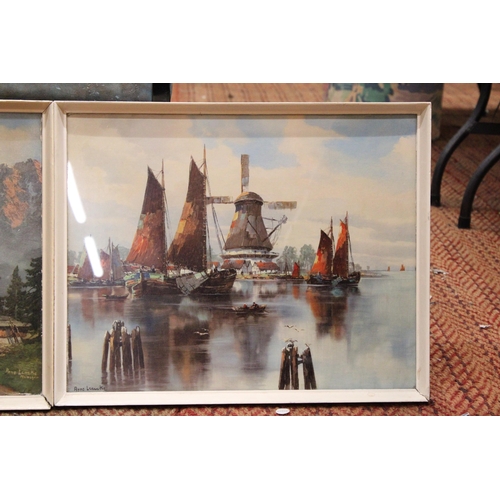 406 - A PAIR OF FRAMED PRINTS TO INCLUDE ALPS SCENE TOGETHER WITH SAIL BOATS AND WINDMILL SCENE