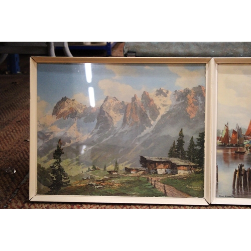 406 - A PAIR OF FRAMED PRINTS TO INCLUDE ALPS SCENE TOGETHER WITH SAIL BOATS AND WINDMILL SCENE