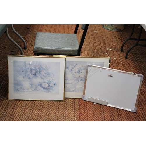 409 - TWO FLORAL PRINTS AND A WHITE BOARD