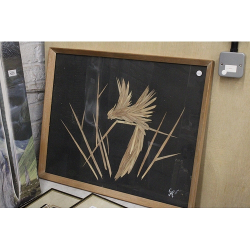 488 - A UNUSUAL FRAMED PICTURE OF A EXOTIC BIRD MADE WITH DRIED LEAVES - SIGNED  O J NESS 1964