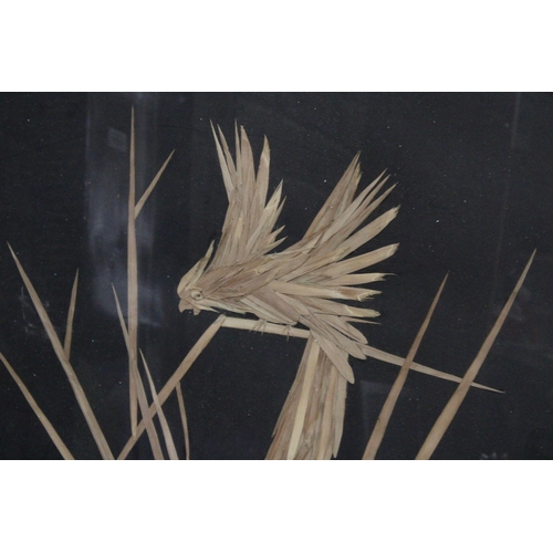 488 - A UNUSUAL FRAMED PICTURE OF A EXOTIC BIRD MADE WITH DRIED LEAVES - SIGNED  O J NESS 1964