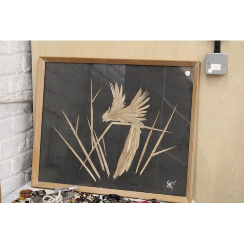 488 - A UNUSUAL FRAMED PICTURE OF A EXOTIC BIRD MADE WITH DRIED LEAVES - SIGNED  O J NESS 1964