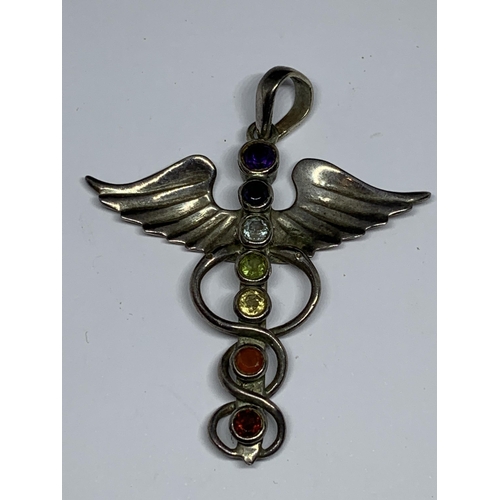 527 - A SILVER WINGED CADUCEUS CHAKRA PENDANT