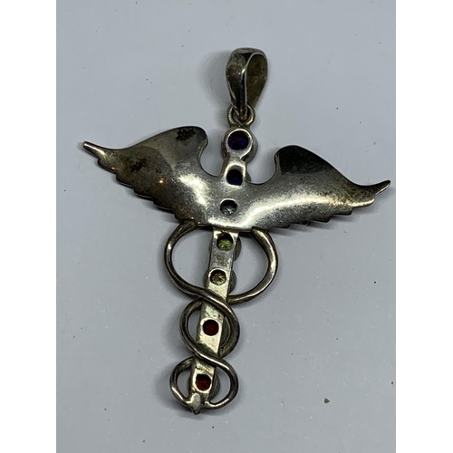 527 - A SILVER WINGED CADUCEUS CHAKRA PENDANT