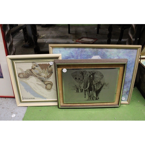 928 - TWO FRAMED EMBROIDERIES PLUS AN IMAGE OF AN ELEPHANT