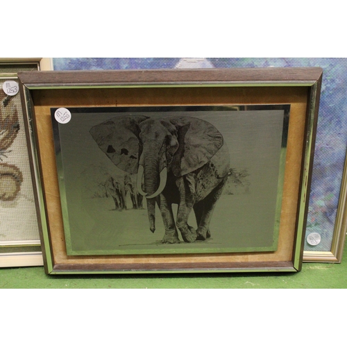 928 - TWO FRAMED EMBROIDERIES PLUS AN IMAGE OF AN ELEPHANT