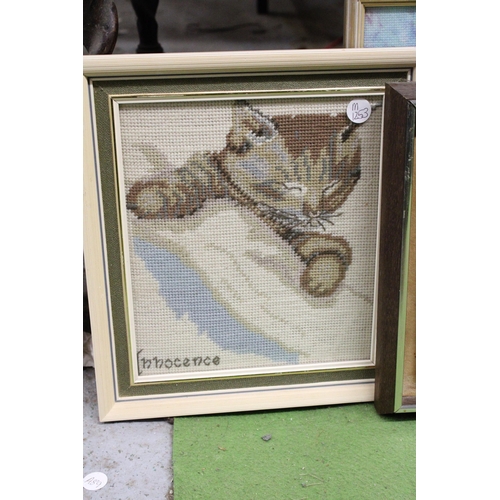 928 - TWO FRAMED EMBROIDERIES PLUS AN IMAGE OF AN ELEPHANT