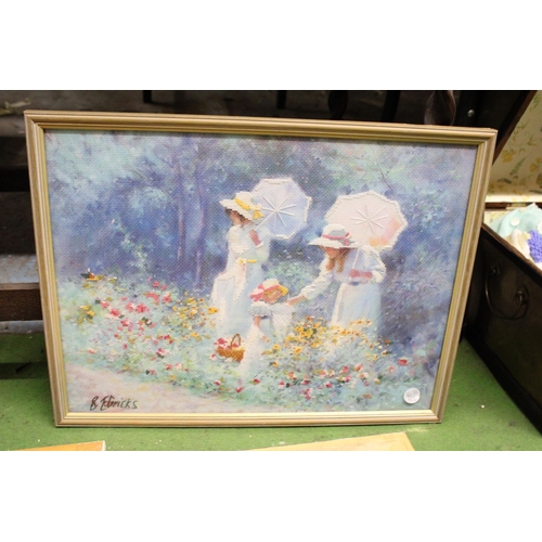 928 - TWO FRAMED EMBROIDERIES PLUS AN IMAGE OF AN ELEPHANT