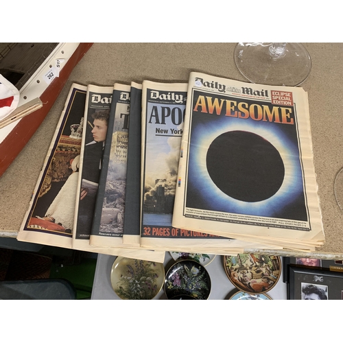 956 - SIX COPIES OF THE DAILY MAIL NEWSPAPER. HEADLINES INCLUDE 1999 SOLAR ECLIPSE, SEPTEMBER 11 WORLD TRA... 