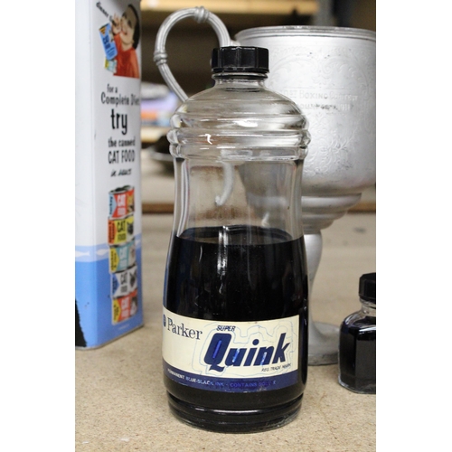 983 - TWO VINTAGE BOTTLES OF QUINK INK PLUS A 1911 BOXING TROPHY