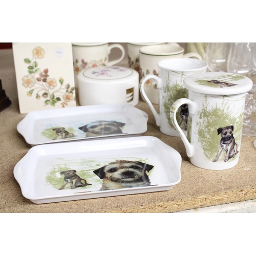 991 - A LARGE MIXED LOT TO INCLUDE PLATES, BOWLS, GLASSWARE, WINE HOLDER, OTTER HOUSE BORDER TERRIER MUGS ... 