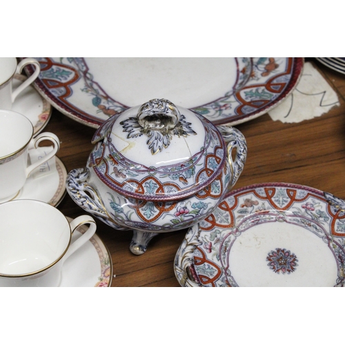 1002 - A QUANTITY OF ROYAL DOULTON 'DARJEELING' CUPS AND SAUCERS, A LARGE VINTAGE PLATTER, ETC