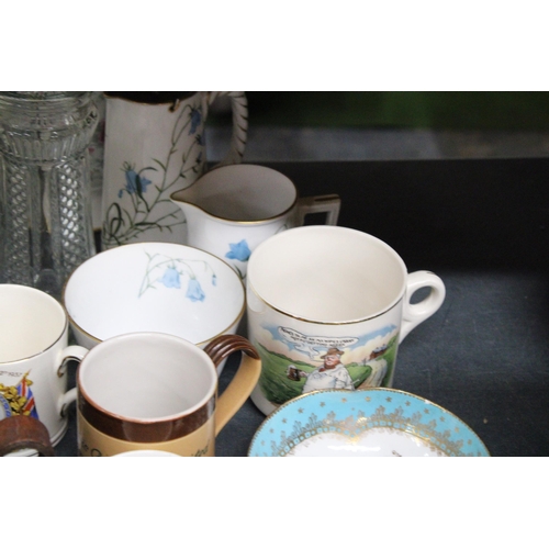 1008 - THREE PIECES OF COPELAND SPODE INCLUDING A JUG, SUGAR BOWL AND CREAM JUG, GLASS VASES TO INCLUDE WHI... 