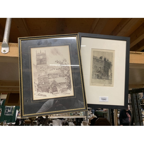 1042 - TWO FRAMED PENCIL PRINTS, 'OLD SETTLE' AND 'PARISH CHURCH, HAWORTH'