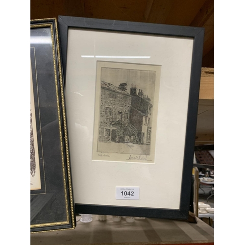 1042 - TWO FRAMED PENCIL PRINTS, 'OLD SETTLE' AND 'PARISH CHURCH, HAWORTH'