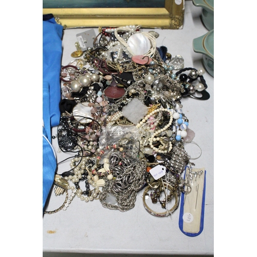 1045 - A LARGE QUANTITY OF COSTUME JEWELLERY TO INCLUDE BEADS, BANGLES, BROOCHES, EARRINGS, ETC.,