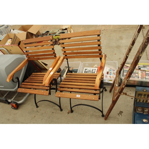 1680 - TWO WOODEN SLATTED GARDEN CHAIRS WITH FOLDING METAL FRAMES