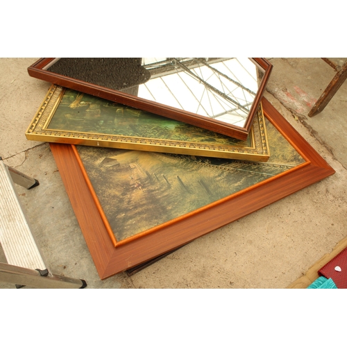 1849 - A FRAMED WALL MIRROR AND TWO FRAMED PRINTS