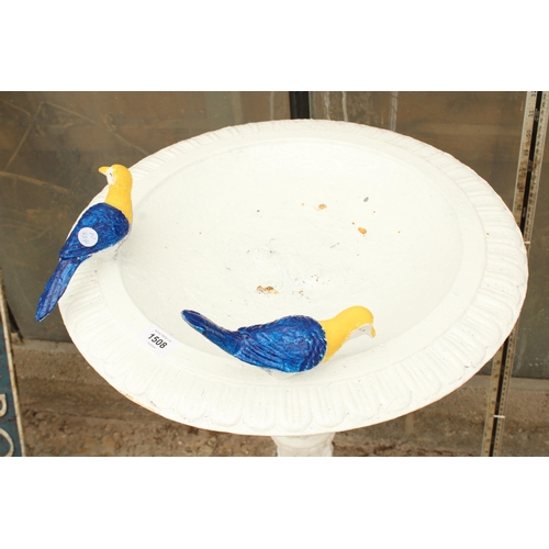 1910 - A VINTAGE PAINTED CAST IRON BIRDBATH WITH TWO SMALL BIRD FIGURES (H:87CM)