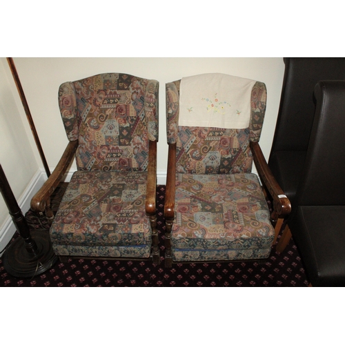 3266 - A PAIR OF VINTAGE OAK FRAMED FIRESIDE ARMCHAIRS