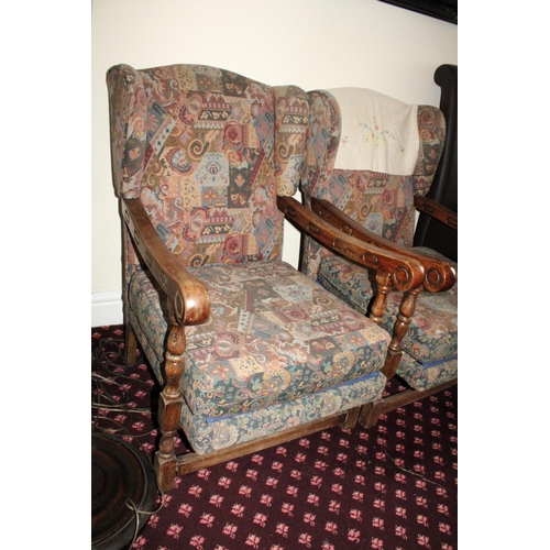 3266 - A PAIR OF VINTAGE OAK FRAMED FIRESIDE ARMCHAIRS