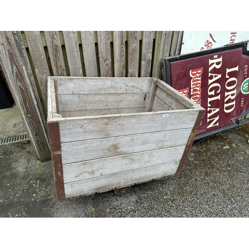 3480 - A VINTAGE WOODEN AND METAL BANDED FOUR WHEELED RAILWAY STYLE CART 96 CM x 65, HEIGHT 79 CM