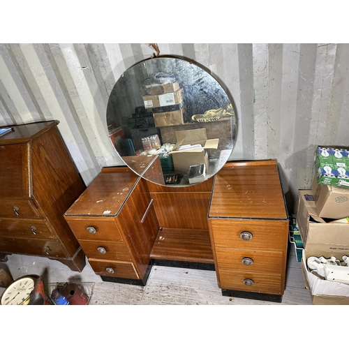 3526 - AN ART DECO STYLE PEDESTAL DRESSING TABLE WITH SIX DRAWERS AND A LARGE ROUND MIRROR