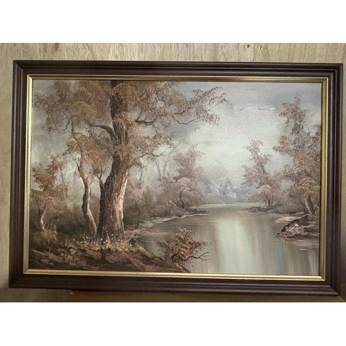 120 - A FRAMED OIL ON CANVAS OF A WOODLAND LAKE SCENE SIGNED TO LOWER LEFT HAND CORNER 50CM X 75.5CM