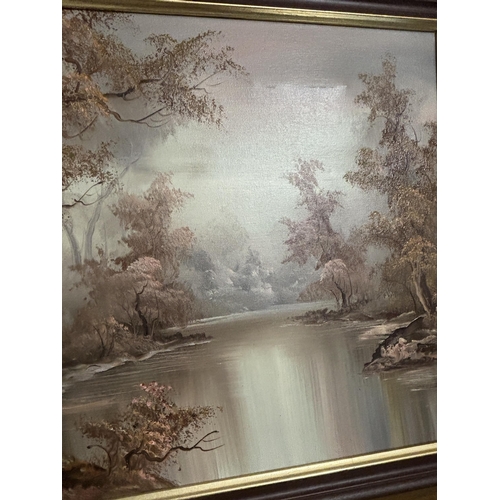 120 - A FRAMED OIL ON CANVAS OF A WOODLAND LAKE SCENE SIGNED TO LOWER LEFT HAND CORNER 50CM X 75.5CM