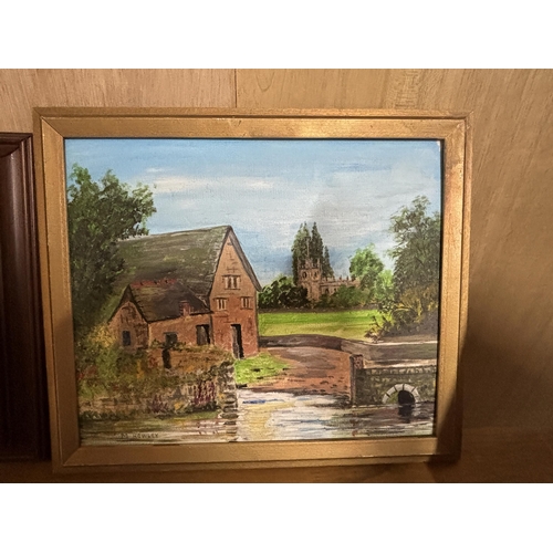 161 - TWO FRAMED OIL PAINTING ONE ON BOARD OF A COTTAGE SCENE SIGNED M ROWLEY TO LOWER LEFT HAND CORNER 25... 