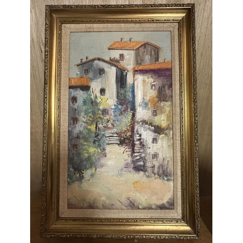 180 - A GILT FRAMED OIL ON BOARD OF BUDVA YUGOSLAVIA 1976 SIGNED TO LOWER RIGHT HAND CORNER 47.5CM X 28CM