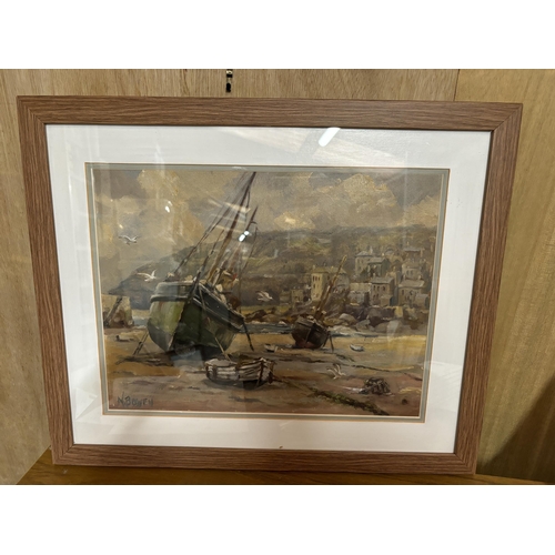 181 - A FRAMED OIL ON BOARD OF A BEACH AND BOAT SCENE SIGNED N BOWEN TO LOWER LEFT HAND CORNER 38CM X 47CM