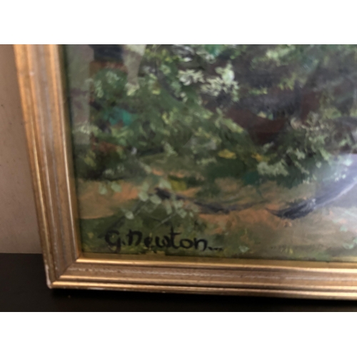 192 - A FRAMED OIL ON BOARD OF HORSES PULLING LOGS FROM A WOODLAND SIGNED G NEWTON TO LOWER LEFT HAND CORN... 