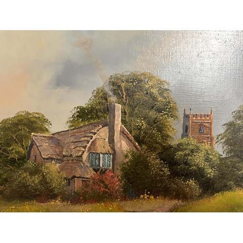 261 - A FRAMED OIL ON BOARD OF A COUNTRY COTTAGE AND CHURCH SCENE SIGNED FOOTE TO LOWER RIGHT HAND CORNER ... 