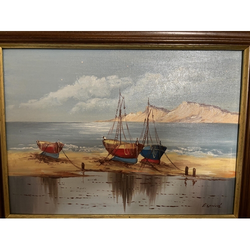 80 - A FRAMED OIL ON CANVAS OF A BOAT SCENE SIGNED TO LOWER RIGHT HAND CORNER 23CM X 32CM