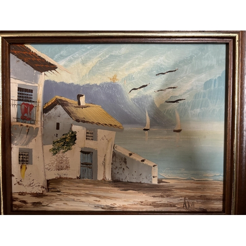 82 - A FRAMED OIL ON CANVAS OF A MEDITERRANEAN HOUSE, BOAT AND BEACH SCENE SIGNED TO LOWER RIGHT HAND COR... 