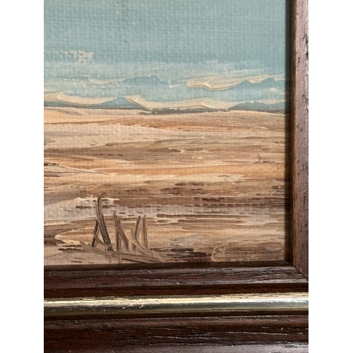 82 - A FRAMED OIL ON CANVAS OF A MEDITERRANEAN HOUSE, BOAT AND BEACH SCENE SIGNED TO LOWER RIGHT HAND COR... 