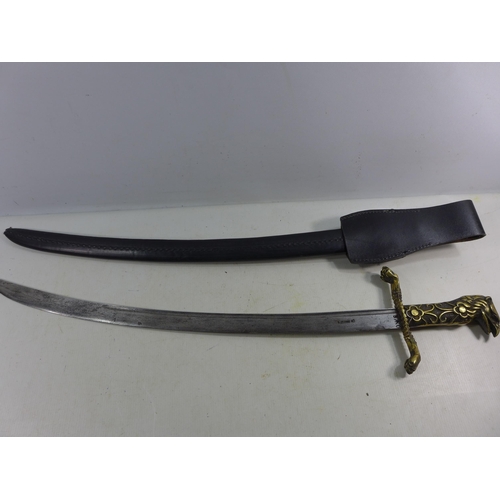 316 - A VINTAGE HUNTING SWORD AND SCABBARD, 62CM BLADE, ELABORATE CAST BRASS GRIP, LENGTH 80CM